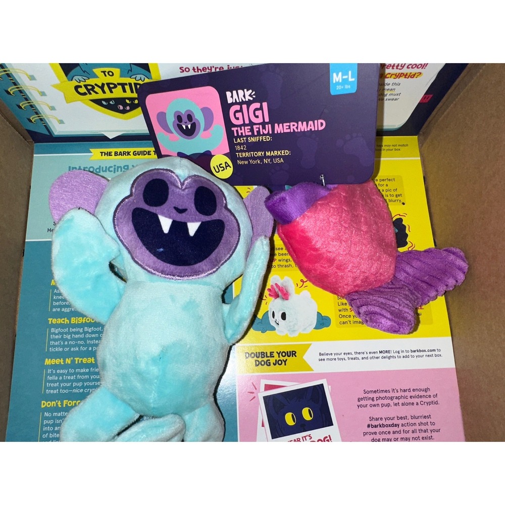 BarkBox Gigi the Fiji Mermaid Dog Toy Plush Squeaker Crinkle Teal Purple M-L box